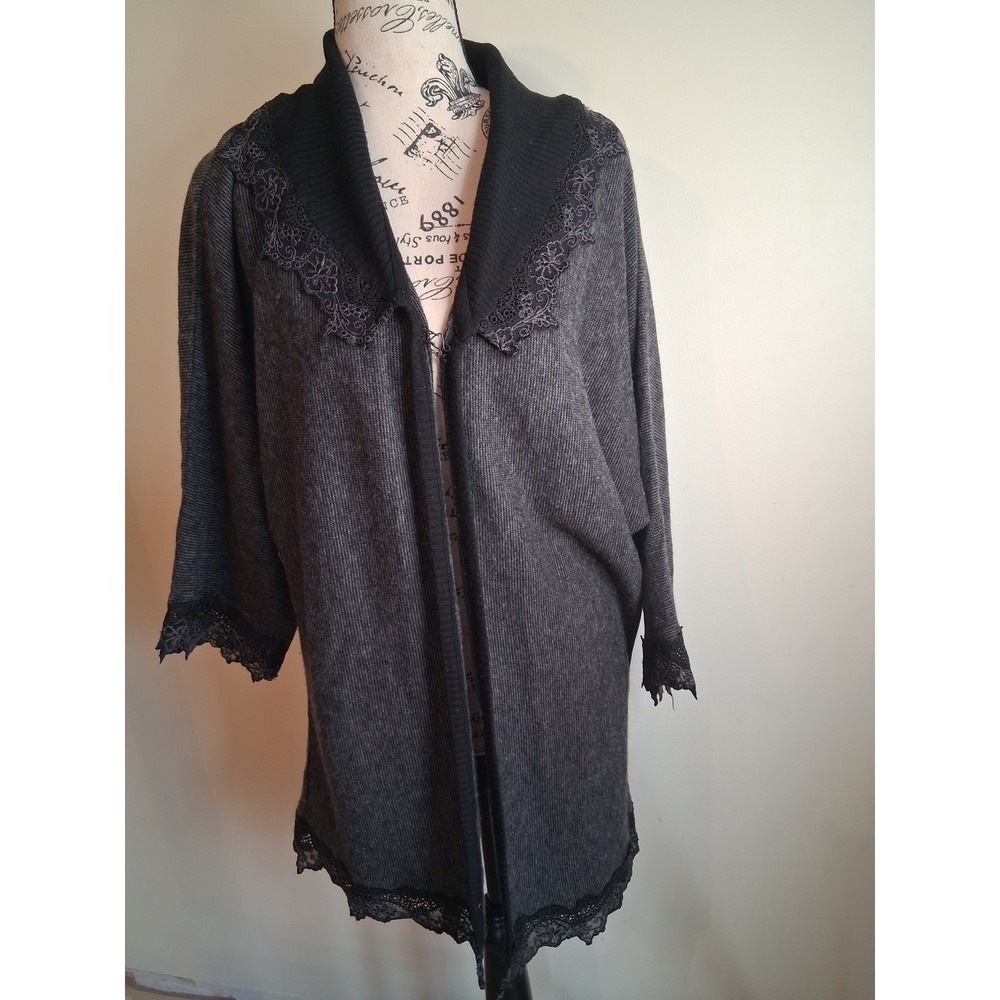 Waves Womens Charcoal Grey Lace Trim Batwing Longline Cardigan Sweater Hook Eye